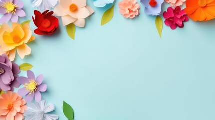 Colourful handmade paper flowers on light blue background with copyspace in the center 