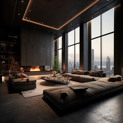  A minimalist penthouse living room with dark
