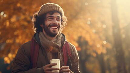 young man smiling taking a takeaway with autumn background