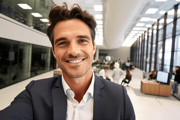Male office worker model, smiling at his workplace