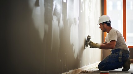 building, profession and people concept - close up of male builder sanding wall indoors