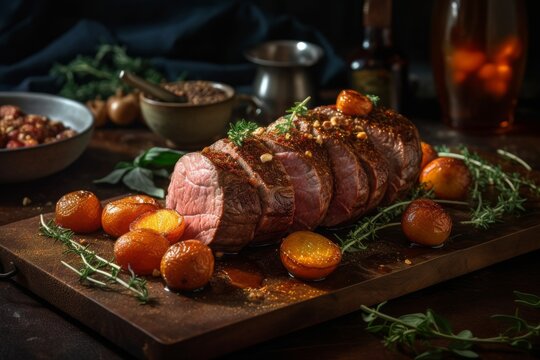 Roasted beef tenderloin meat with garnish