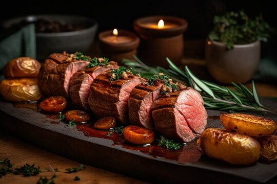 Roasted beef tenderloin meat with garnish