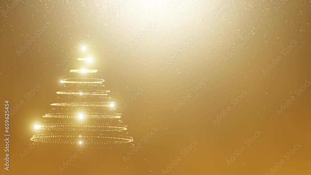 Poster animated christmas tree on bright golden copy space loop background.