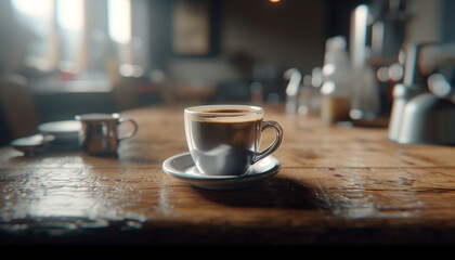 Freshly brewed coffee in a rustic cafe with foamy milk generated by AI