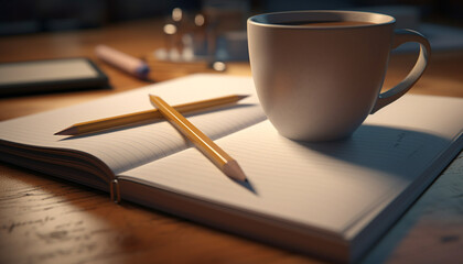 Still life on desk with coffee, paper, pencil, book, mug, technology generated by AI