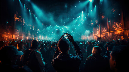 Amidst the lively concert, people enthusiastically use their mobile phones to document the...