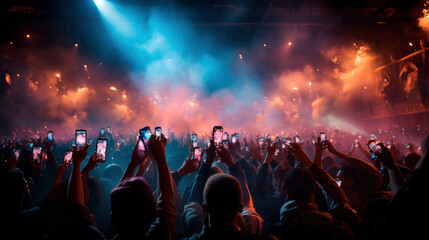 The electric atmosphere of the concert is mirrored on mobile screens as the crowd captures every moment of the unforgettable night. - obrazy, fototapety, plakaty
