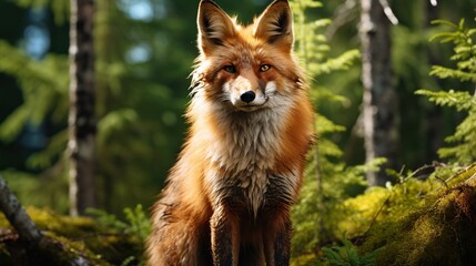 Naklejka na ściany i meble Red fox playing in spring forest