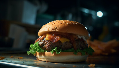 Grilled gourmet cheeseburger on a rustic wooden plate with fries generated by AI