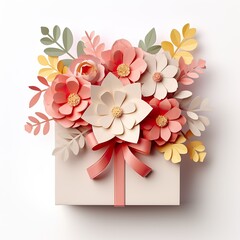 Colorful gift box with floral design isolated on a white background.