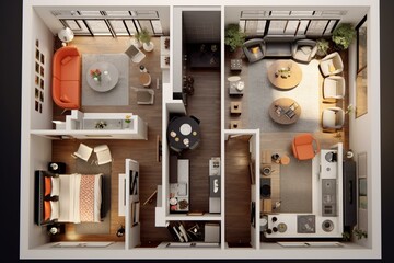 Top-down view of a contemporary apartment layout. Generative AI
