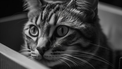 Fluffy kitten staring at camera with cute striped fur portrait generated by AI