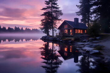 Fototapeta premium As the day begins to stir, the serene lakeside cabin stands as a testament to the beauty of dawn's embrace. The colors that adorned it mirrored the transitions of nature, from the stillness of night