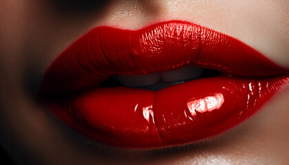 Obraz premium Beautiful woman lips shine with passion and sensuality in portrait generated by AI