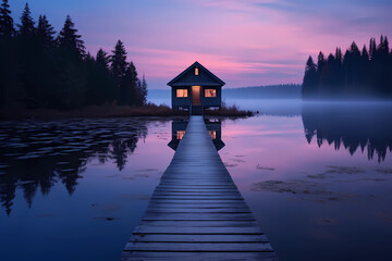A serene lakeside cabin, under the enchanting embrace of the early morning emerges from the obscurity of night, its wooden facade adorned in a breathtaking tapestry of indigo, lavender, and magenta - obrazy, fototapety, plakaty
