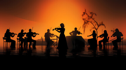 An orchestra, a congregation of musical talent and harmony, stands in striking silhouette against a backdrop aglow with a resplendent orange hue