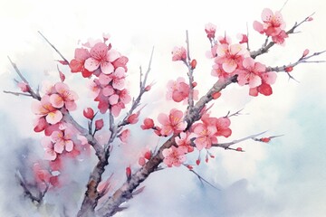 Watercolor illustration of plum flowers, used as a background for a New Year's greeting card sent during midwinter. Generative AI