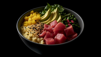 Freshness and variety on plate  grilled steak, fish, pork, and vegetables generated by AI