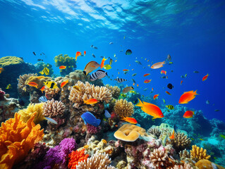 Naklejka na ściany i meble An image of a colorful and thriving coral reef bustling with various marine creatures.