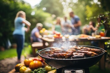 a group of people standing around a grill with food on it - obrazy, fototapety, plakaty