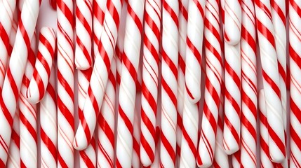 White and red shiny Christmas candy canes, minimal flat lay pattern background.