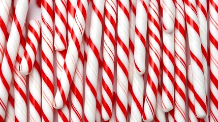 Foto op Plexiglas White and red shiny Christmas candy canes, minimal flat lay pattern background. © Premium_art