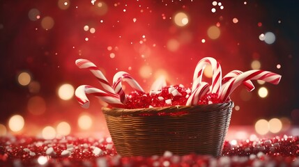 Close up shiny Christmas candy canes in a basket. Minimal festive background.