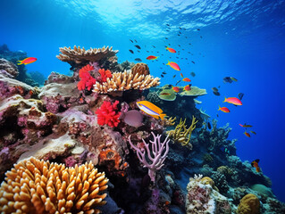 Fototapeta na wymiar A colorful and lively underwater scene displaying a diverse variety of marine creatures in a coral reef.