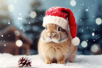 Fototapeta premium Adorable Christmas Bunny on Festive Background with Santa Cap