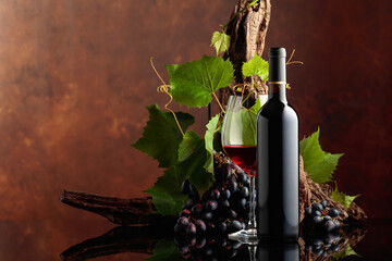 Glass and bottle of red wine with blue grapes and vine branches.