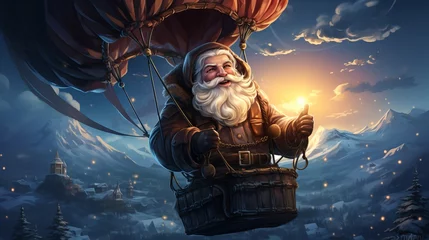 Fotobehang A man with a white beard, Santa Claus flies across the sky in a sleigh and with reindeer. Festive character symbol of Christmas and New Year. Good-natured active old man. © Marynkka_muis