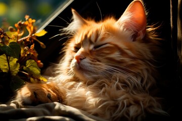 In the warm embrace of home, a ginger, fluffy cat finds serenity by dozing at the sunlit window.