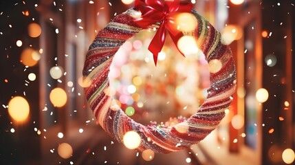 Golden festive Christmas wreath on an abstract minimal background.