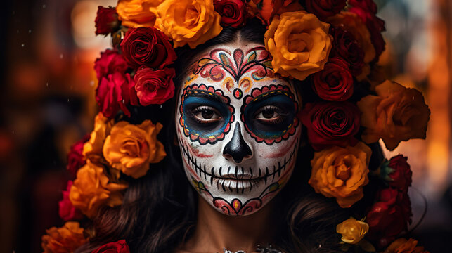 Woman with makeup and costumes typical Mexican in a cementery.