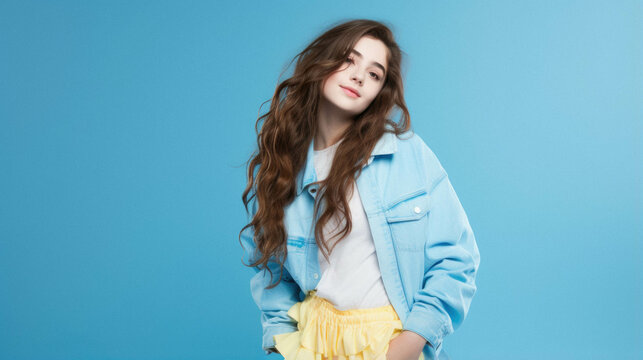Portrait of a girl in a denim jacket on a blue background.