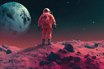 Obraz premium Moonlit Journey Individual Standing Under the Celestial Night Sky