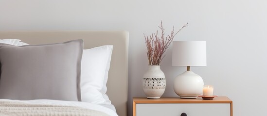 White nightstand in bedroom with stylish lamp and candles