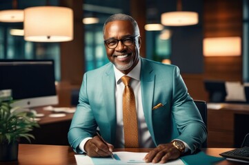 Handsome cheerful african american executive business man at workspace office. 60 year old successful manager