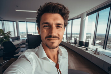 Male office worker model smiling at the camera in his beautiful office view