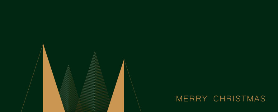 Merry Christmas and Happy New Year web banner illustration of Golden Geometric Christmas Tree Illustration. Modern Luxury Christmas Cards with Happy Holidays, Season's Greetings, Merry Christmas Text.