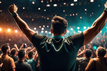 A man with his hands up at a concert of his favorite group. Light from the stage - obrazy, fototapety, plakaty