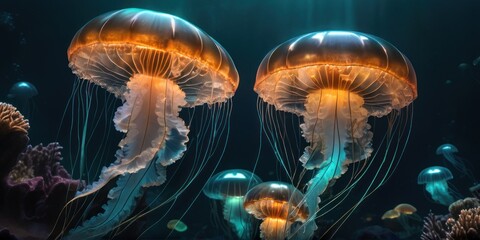 Beautiful Orange luminous jellyfish animal swim motion dancing in darkness of sea, glowing jellyfish with dangerous poison in natural tropical underwater. Deep in blue sea, neon fantasy long strings