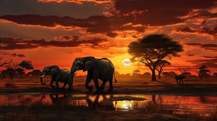 Fototapeta na wymiar African elephants are walking on the grassland at sunset or sunrise