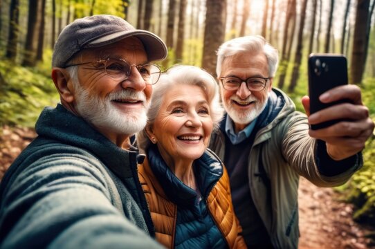 Elderly, seniors take selfie and hiking in forest, happy people in nature and memory for social media post. Smile in picture, adventure and fitness, old man and woman are outdoor with active lifestyle