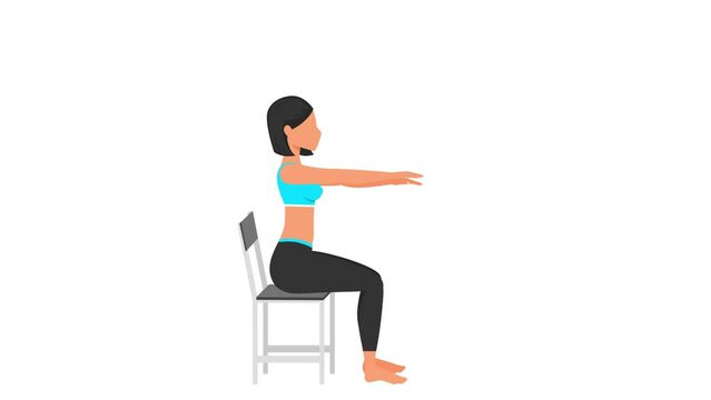 Chair squats exercise tutorial. Female workout on mat. Fitness woman exercising. Looped 2D animation with young girl character training. Sport and healthy lifestyle concept.