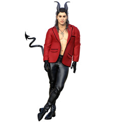 A 3d rendered illustration of a male fantasy character with dark horns and a devil's tail, wearing a red suit and leather pants. 