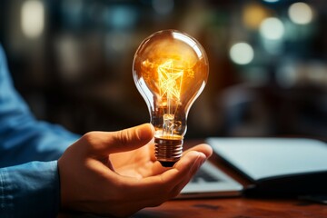 Ideas and inspiration ignite innovation, with a human hand holding a light bulb