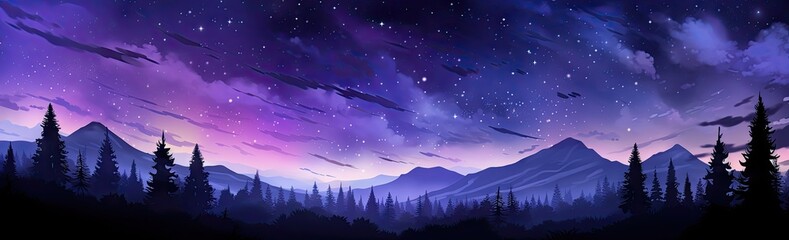 Naklejka premium stars in the sky above a pine forest in purple Generative AI