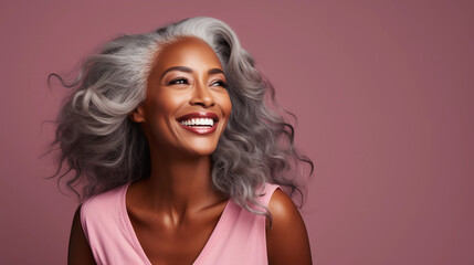 An elderly woman with healthy skin and gray hair smiles. 